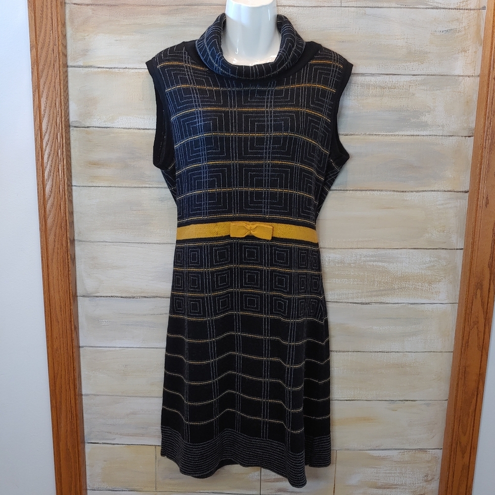 A. IDA women wool blend sweater black,yellow belt sleeveless cowl neck dress XL